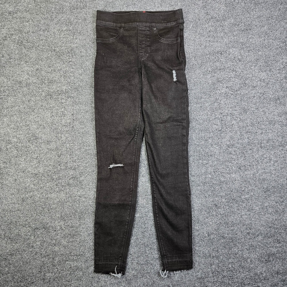 SPANX Pull On Ankle Skinny Jeans Women's XS Stretch Denim Dark Wash Black Frayed